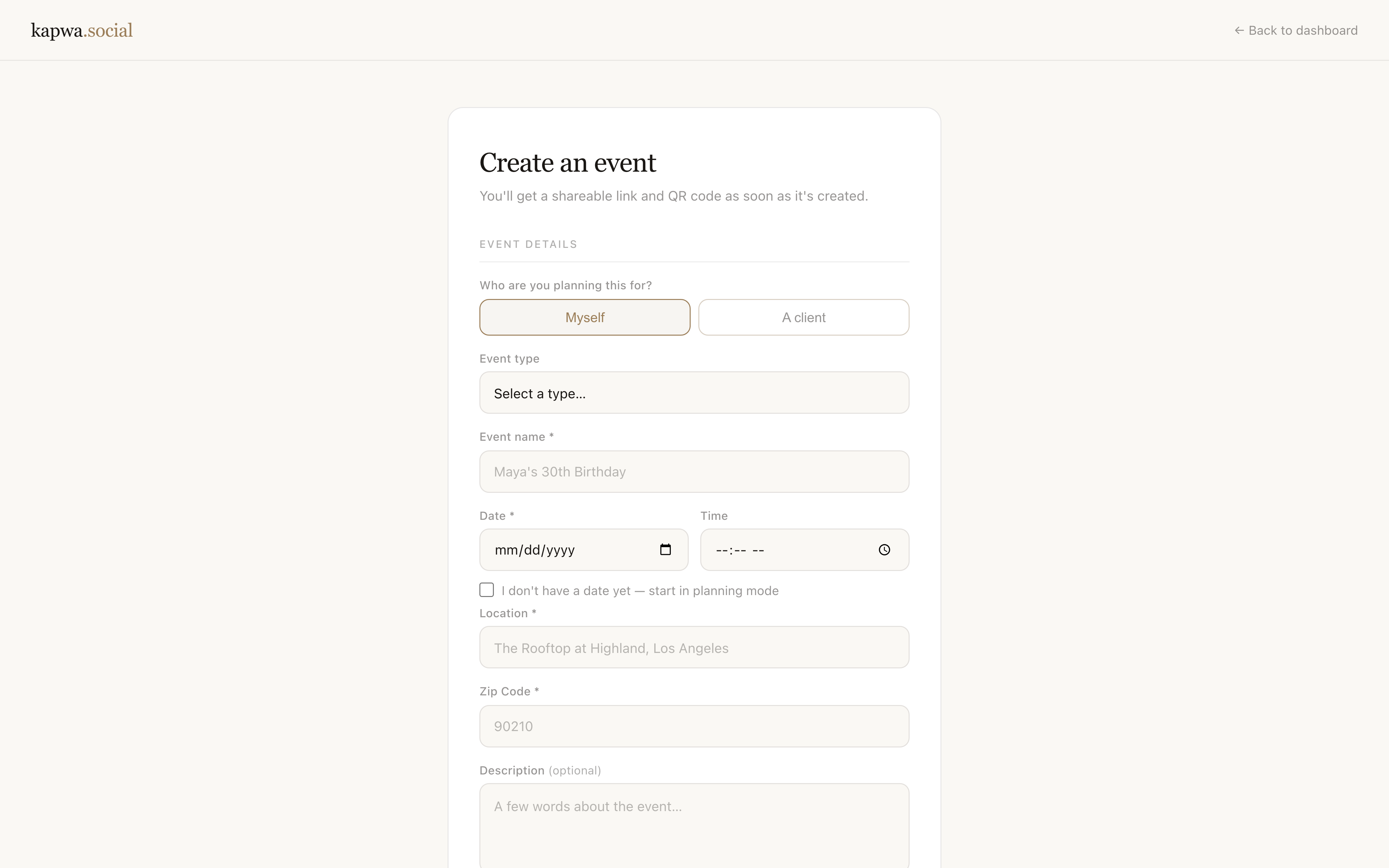 New event creation form with fields for name, date, location, and event type