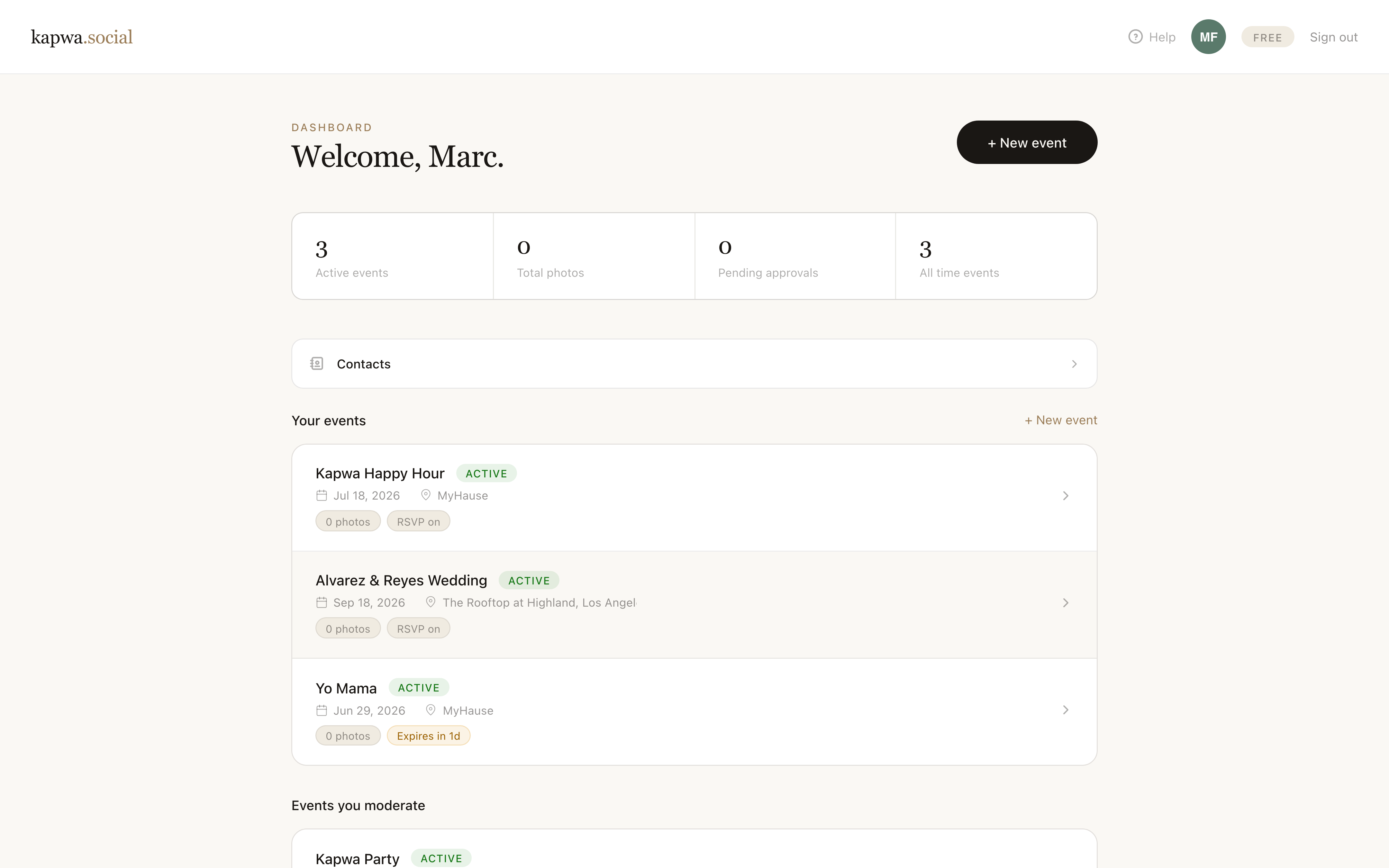 Kapwa dashboard showing active events and the create new event button