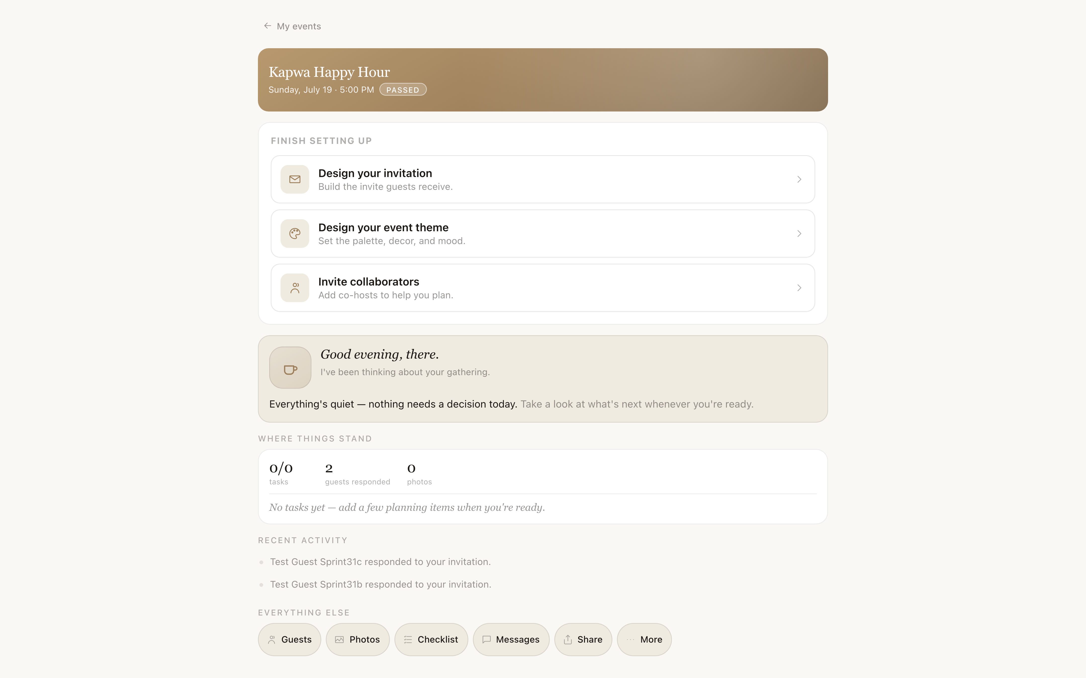 Event overview page showing the event details, share link, and feature toggles