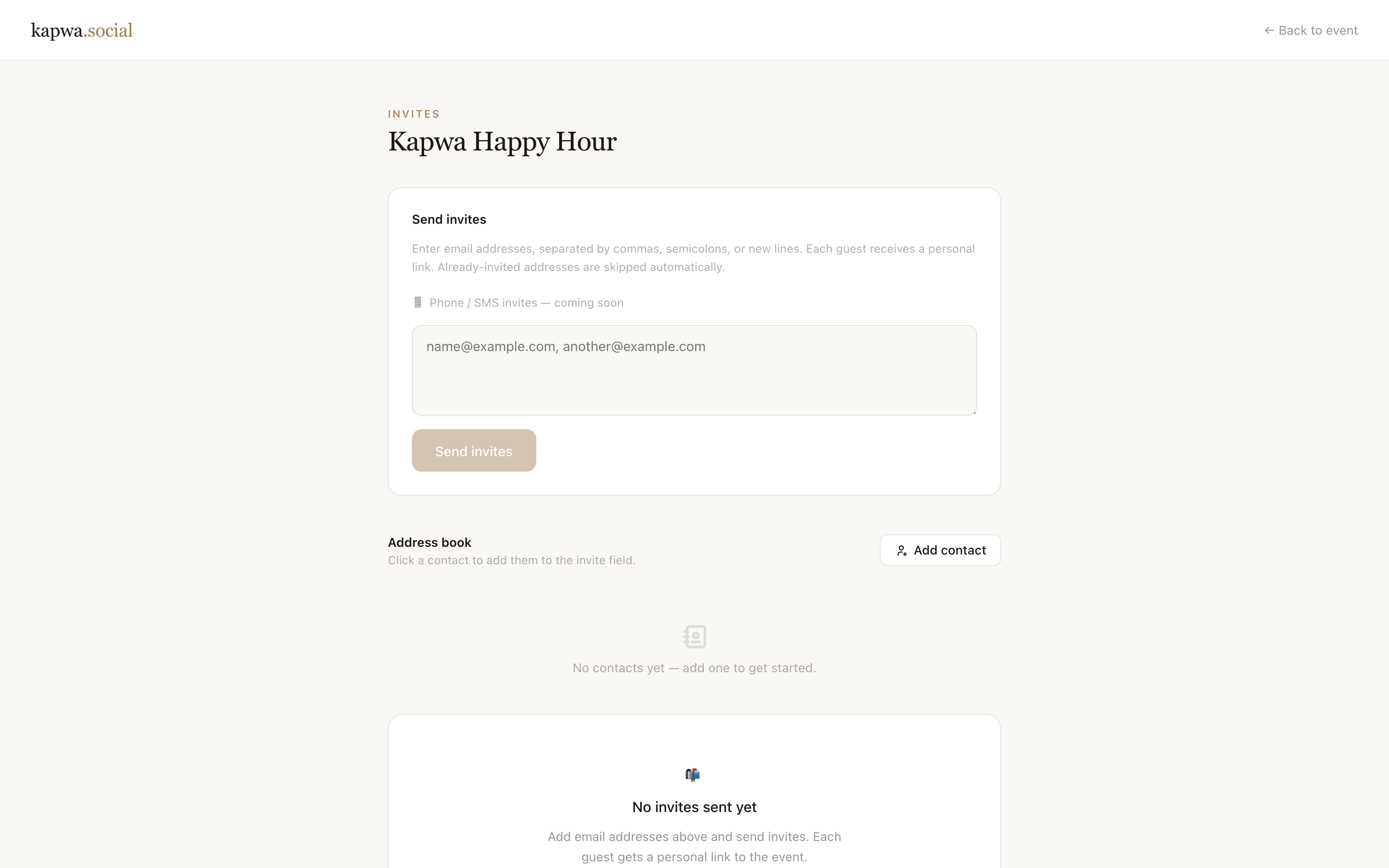 Kapwa invitation builder showing scene selection, text overlay controls, and a live preview panel